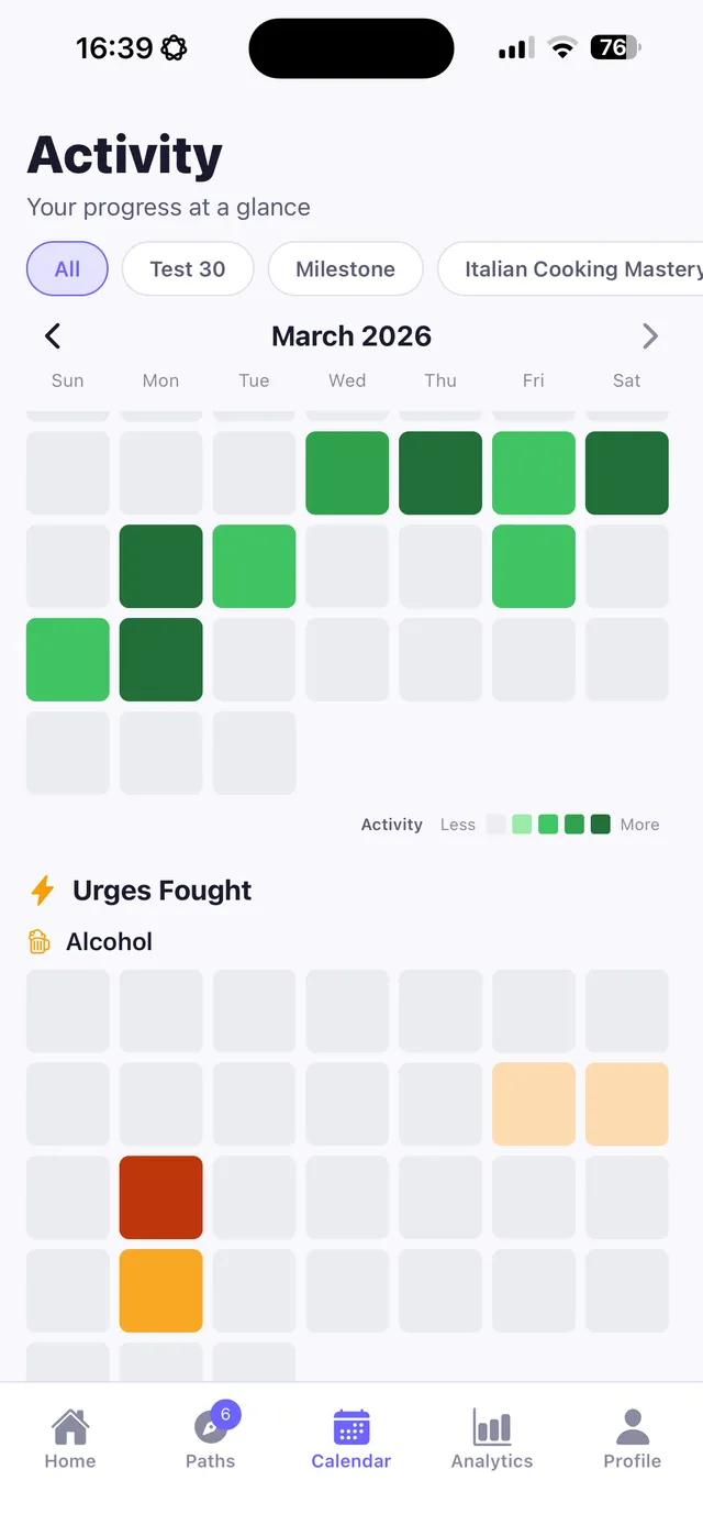 Replacify's heatmap calendar — every completed day builds the chain